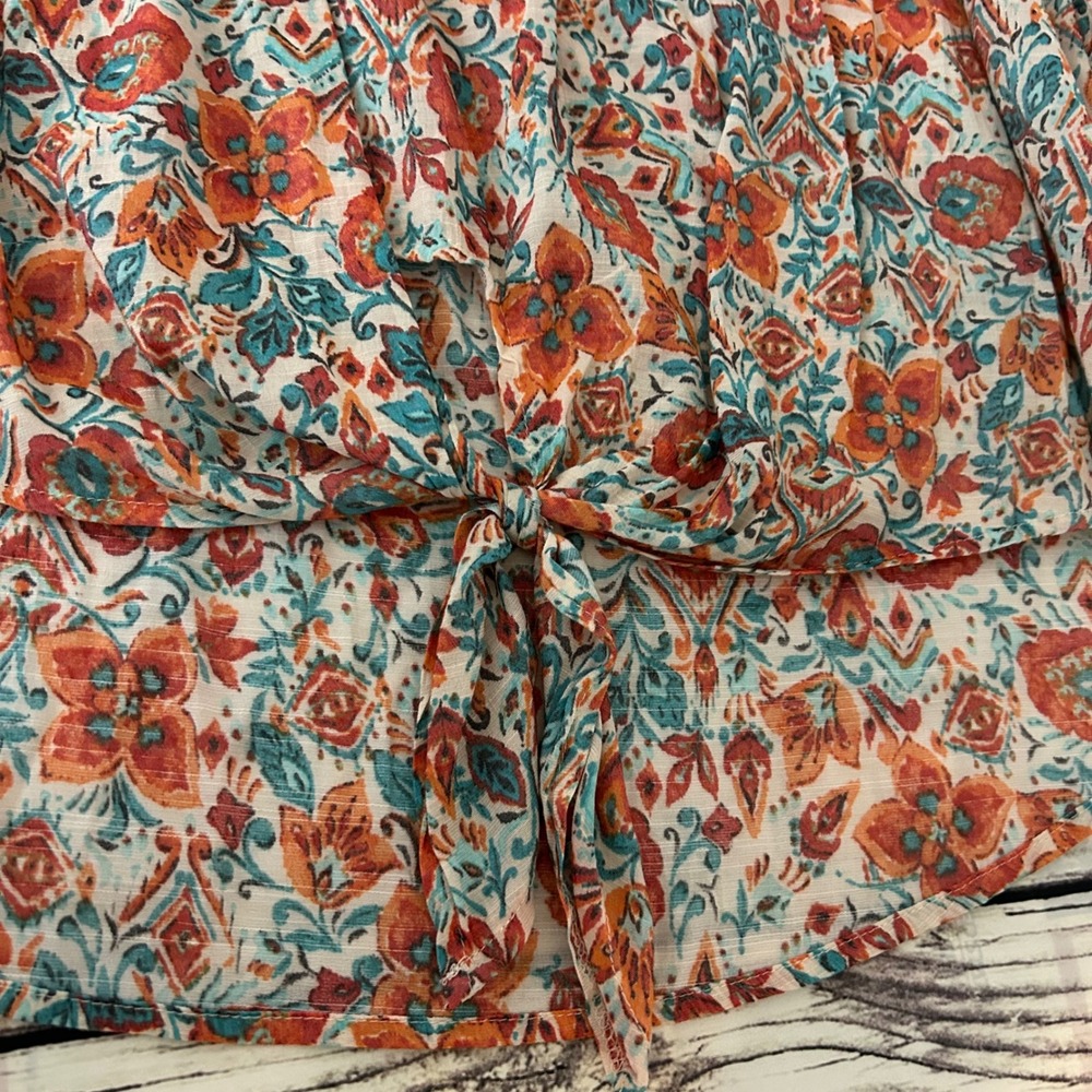 Cocomo Woman Orange Teal Floral Paisley‎ Tie Front Blouse 2X D088VE81370U - Picture 5 of 9